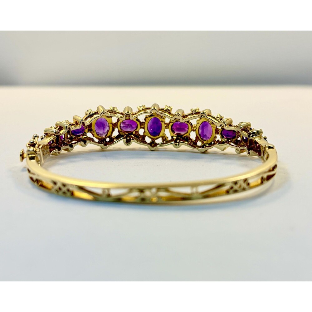 Amethyst Bracelet Diamonds 14K Yellow Gold: Hinged Bangle Vintage - Picture 12 of 14